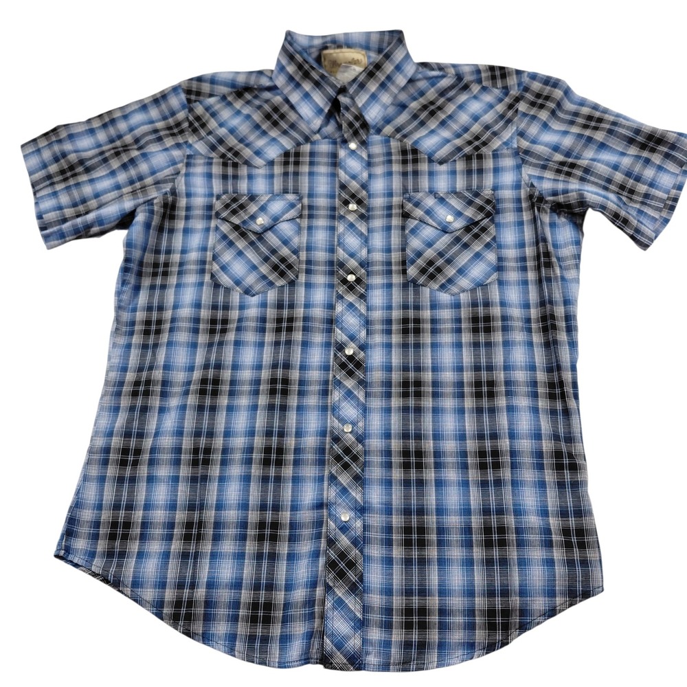 Wrangler Mens Blue Plaid Short Sleeve Western Pearl Snap Shirt Large cowboy